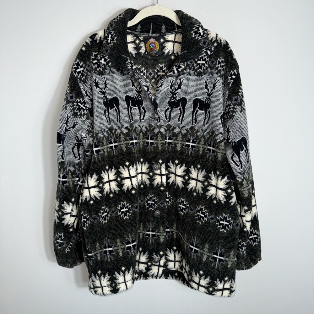 Sunbuster Vintage Button Front Fleece Jacket-Green Black Deer Elk-Medium